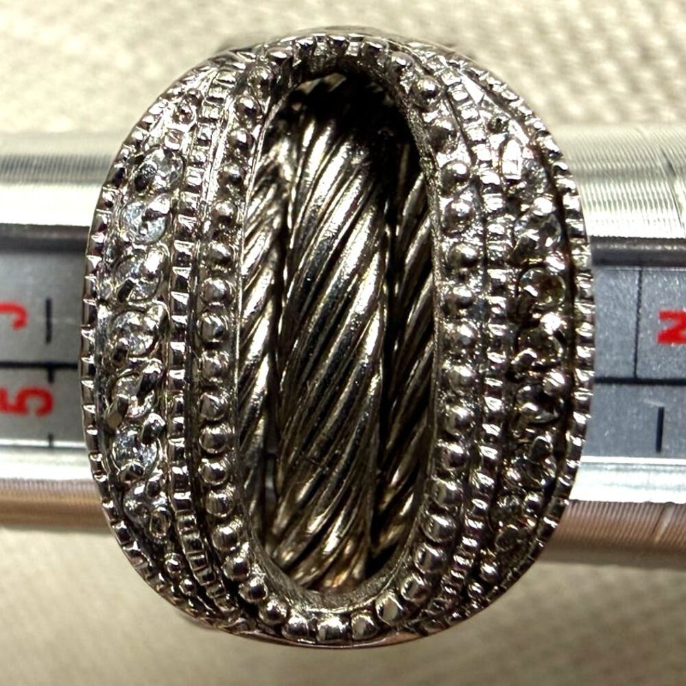 Vintage Cable-Style Statement Ring | Size 6 | Silver Tone with Rhinestones